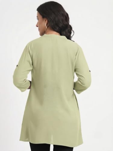 Image of Women's Roll-Up Sleeve Tunic Top, V-Neck with Button Front, Side Pockets, Rayon Short Kurti