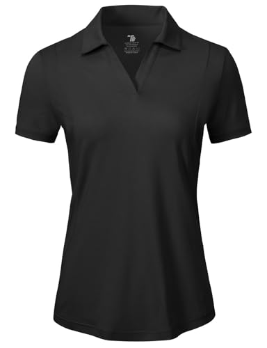 BGOWATU Women's Short Sleeve Golf Tennis Polo Shirts V Neck Collared Workout Tops UV Protection Dry Fit for Summer Black XS