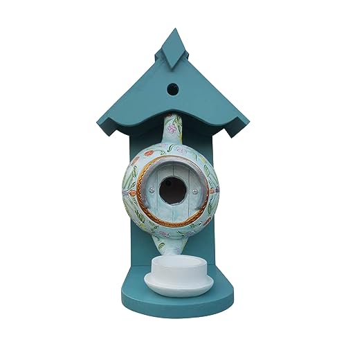 Bird House and Feeder, Vintage Style Outdoor Bird House Bird Feeder, Teapot Teacup Design, Garden Wall Hanging Resin Decoration (A)