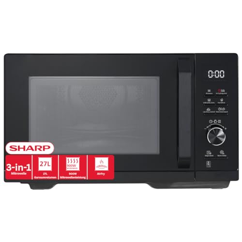 Sharp RCA271TB 5-in-1 Airfry-Mikrowelle 900W, Grill 1000 W, Heißluft & AirFry-Funktion, Konvektion 2100W, 27 L, 28 Autom.pr., Gewicht und zeitgesteuertes Auftauen, Schwarz