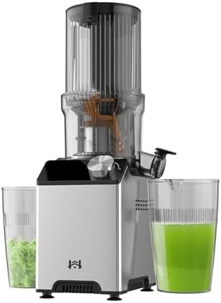 Cold Press Juicer, Juicer Machines with 4.35'' Wide Feed Chute, Stainless Steel Masticating Juicers Easy to Clean, Ergonomic Operational Panel Design, High Juice Yield, Platinum Color Knob