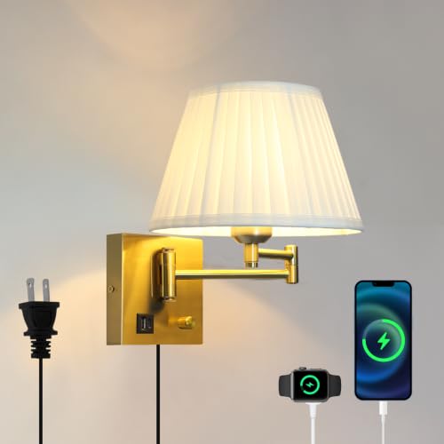 Image of Plug in Wall Lamp for Living Room Bedroom Bedside, Bulb Included | Wall Sconce with USB C+A Charging Ports, Adjustable Swing Arm 270, Adjustable Color Temperature, White Fabric Cone lampshade