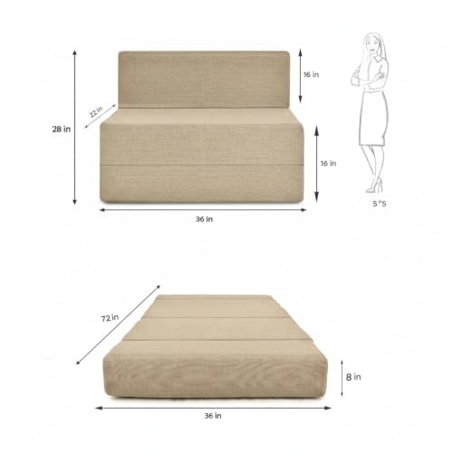 Image of Foldable One Seater Sofa Bed 3 x 6 Ft Jute Fabric Washable Cover Convertible Sofa Bed for Home & Office, Guest Room (Finish Color Beige Pre-Assembled)