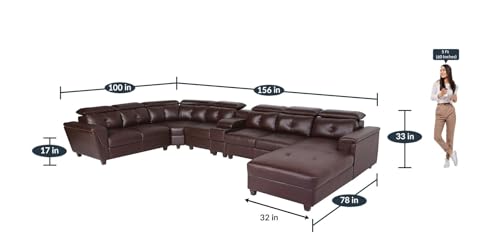 Image of Mishel 12 Seater Sofa Set for Living Room | Sectional U Shaped 12 Seater Sofa with Storage & Cupholder (Brown Leatherette, RHS)