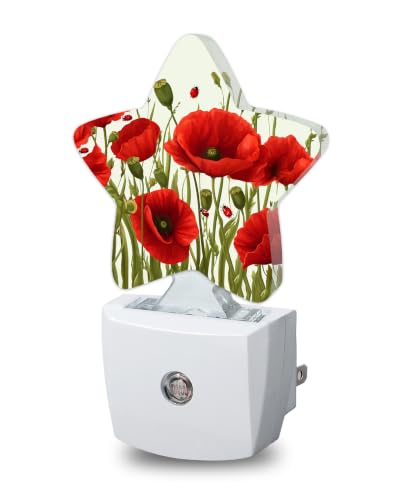 Image of Star Night Light with Dusk to Dawn Sensor, Red Flowers Plug in Night Light for Kids Bedroom Nursery, Soft Warm Glow Lamp for Hallway Bathroom Energy Saving