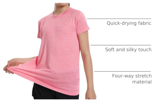 Image of 5 Pack Girls Athletic Shirts Short Sleeve Dry Fit T-Shirts Tops for Teens | Soft and Breathable Fabric, Bright and Cute Colors, Longer Length Design, Colorfast and Anti-Wrinkle