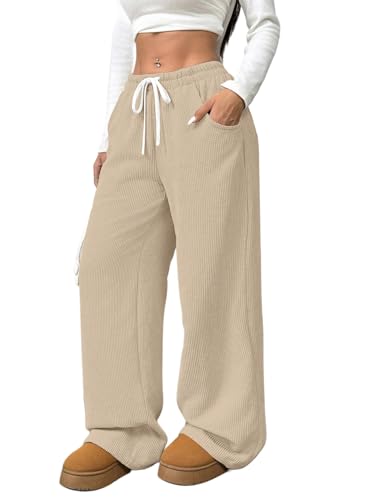 Image of Women's Trendy Korean Trouser with Pockets, Casual Corduroy Stretchable Baggy Loose || High Rise Elastic Waist Going Out Lounge Pants || Wide Leg Pants for Woman