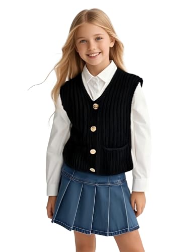 Girl's Sweater Vest Sleeveless Button Down Sweater V Neck Crochet Cardigan 2025 Fall Winter Vest Top, 5-14 Years