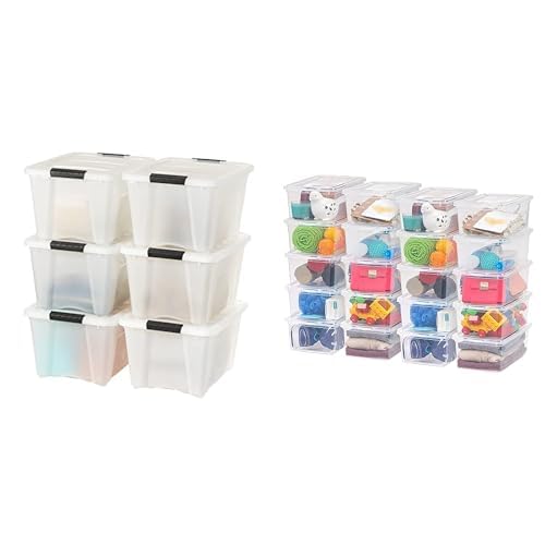 IRIS USA 32 Qt. Plastic Storage Container Bin, Medium & Plastic Storage Container Bin with Latching Lid, 20 Pack - Clear