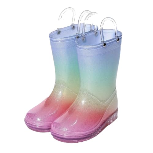 Women Clear Round Toe Flat Pull On Mid Calf Boot Waterproof Jelly Soles Kids Rainbow Rain Boots