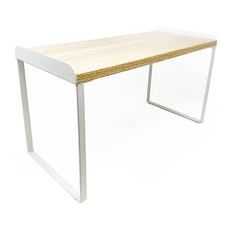 Mitus Shelf Organizer and Storage, Tiered Wood Cabinet Rack for The Kitchen Counter, Bathroom Counter, Pantry Cupboard, Office Desk Bookshelf, 16" Wide Natural and White (Large) Cover