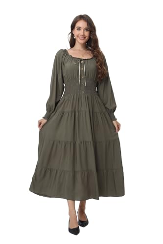 Image of OSTOO Women's 2026 Casual Long Sleeve Square Neck Smocked High Waist Flowy Maxi Dress,Boho Tiered Beach Party Dress
