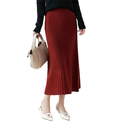 Women's Fall and Winter Elastic Casual 100% Merino Wool Knitted Skirt Red XL