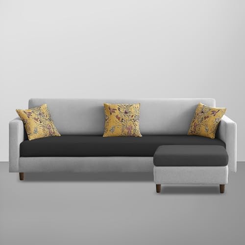 Image of Casaliving Premium Lifestyle Fabric 5 Seater L Shape Sofa Set 4 Seater Modern Sofa Set & Ottoman for Living Room (Black Grey Color)