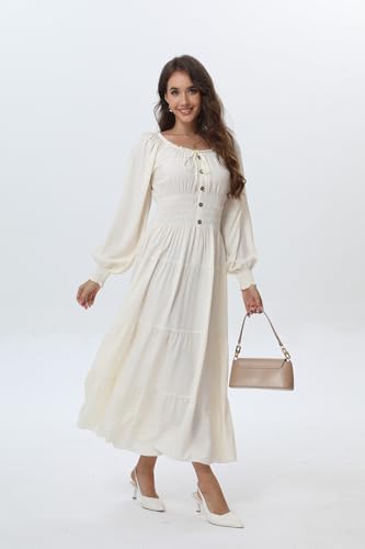 Image of OSTOO Women's 2026 Casual Long Sleeve Square Neck Smocked High Waist Flowy Maxi Dress,Boho Tiered Beach Party Dress