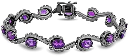 Jewelili Enchanted Disney Fine Jewelry Black Rhodium over Sterling Silver 6x4 MM Oval Shape Amethyst and 1/5 Cttw Natural White Round Diamond Ursula Bracelet