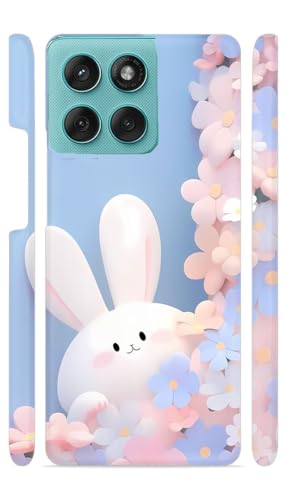 Image of White Bunny Blue Flowers Designer Printed Hard Back Cover for Motorola Edge 60 Fusion 5G Attractive and Uniquely Crafted Smartphone Case
