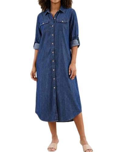 Kuraki Women's Casual Button Front Maxi Shirt Denim Dress XL Blue