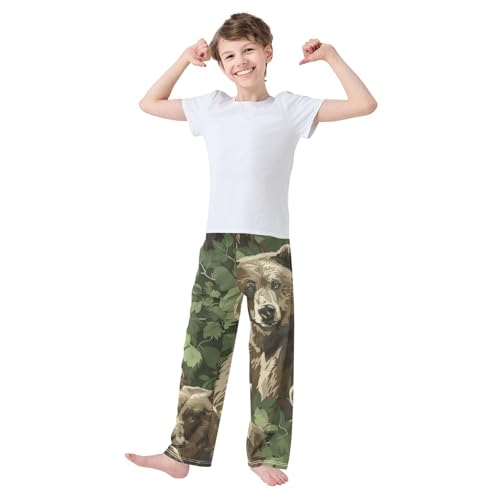 Brown Bear and Leaf Boys Long Pants Soft Trousers Elastic Waist Kids Lounge Bottoms with Pockets S-XL2