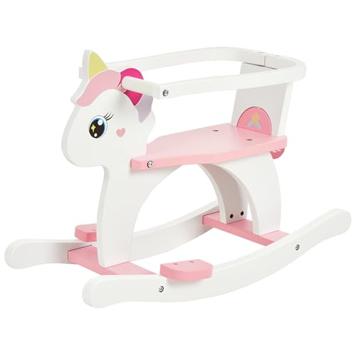 FUNLIO Cheval à Bascule en Bois Licorne 0,5-3 Ans, avec barrière et Dossier Amovibles, modèle Tout-Petit Facile à Assembler, Certification CPC – Rose
