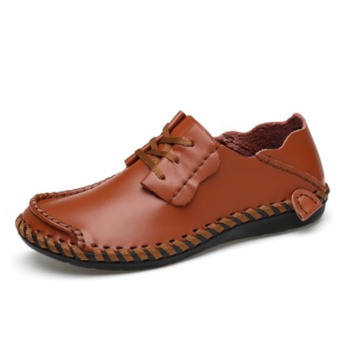 Men's Hand Stitched Leather Loafers Lace Up Round Toe Comfort Walking Shoes Flats