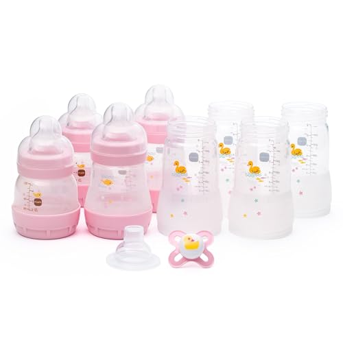 MAM Easy Start Anti-Colic Bottle Starter Set | Includes 4X Feeding Bottles and MAM Original Start 0-2 Month Soother | Self-Sterilising | Baby Gift Set of Newborn Essentials | Lilac (Various Designs)