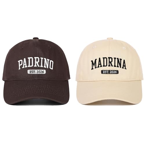 Follner Godparents Proposal Gift for Godmother and Godfather Adjustable Embroidered 2026 Padrino and Madrina Hat Godparents Gifts for Christmas Birthday (Beige Brown)