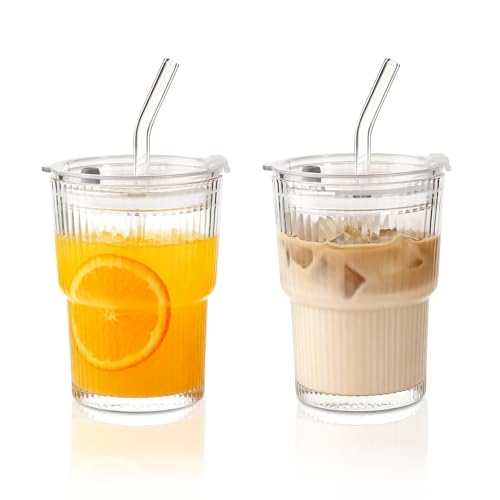 LOOFORE Iced Coffee Glass Cup with Straw and Lid 380ml 12oz - 2 Pack