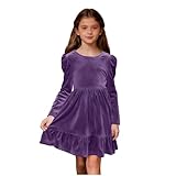 UYISJ Velvet Dresses for Girls Cute Puff Long Sleeve Cut Out Bow Back Pleated Ruffle Hem A Line Holiday Party Dress for Kids Purple