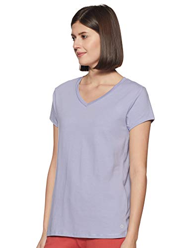 Image of Enamor Short Sleeve Regular Length Pull On Basic V Neck T-Shirt for Women - Slim Fit, Soft and Breathable Stretch Cotton - E067