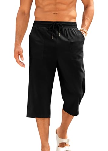 Gafeng Mens Cotton Linen Yoga Pants Elastic Drawstring Casual 3/4 Capri Shorts with Pockets