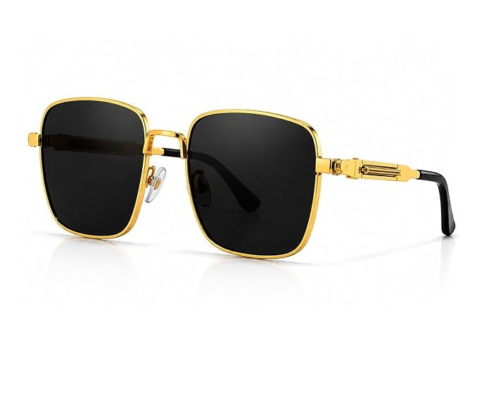 Square Sunglasses for Men & Women | Premium Metal Frame | HD Clarity Lenses | Glare Reduction | Lightweight Design with Spring Temples | Stylish Everyday Eyewear (Gold)-image-39