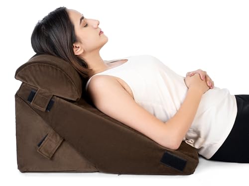Image of FOVERA Wedge Pillow Memory Foam with Head Rest, Adjustable Wedge Cushion for Back Support, Acid Reflux, Leg Elevator, Pregnancy, GERD, Snoring (Brown, 22 x 22 x 12 Inch)