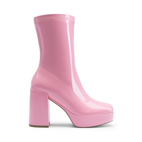 DREAM PAIRS Women's Mid Calf Gogo Boots Platform High Chunky Block Heel Square Toe Ankle Boots,Size 10,Pink,SDMB2410W