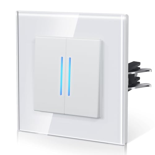 BSEED Interrupteur va-et-vient, Interrupteur Mural Connexion rapide, Borne à encliquetage, Modern Interrupteur Avec Voyant Lumineux, Verre, 2 Gang 2 Voie,86mm...