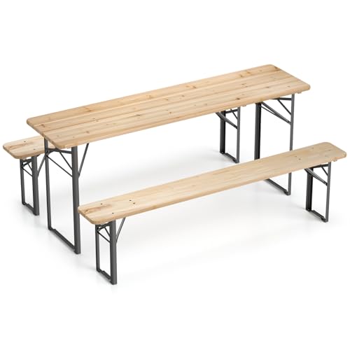 COSTWAY Folding Wood Picnic Table, Foldable Long Narrow Picnic Table with Benches Set for 4-6 People, Wooden Beer Table Metal Frame for Outdoor BBQ Party, Garden, Backyard