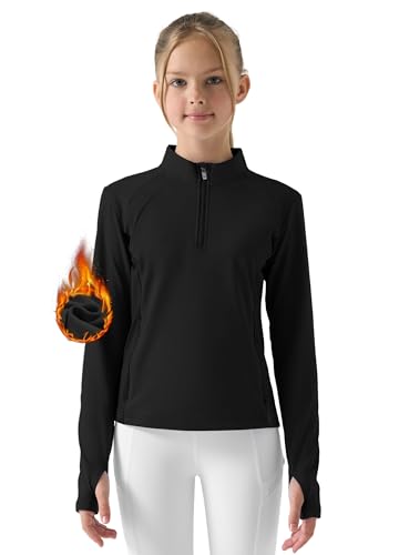 Willit Girls Fleece Long Sleeve Shirts Winter Horse Riding Jacket Half Zip Kids Sweatshirts Thermal Coat Black Medium