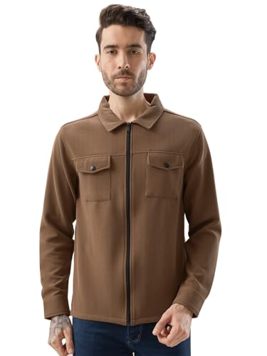 Image of Status Quo Men's Solid Textured Regular Fit Shacket with Zipper Clouser | 100% Polyester
