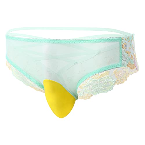Abafip Mens Sissy Panties Floral Lace Embroidery Cross Back Low Waist Mesh Sheer Bikini Briefs Underwear Crossdressing Lingerie Underpants Green One Size #TOP1