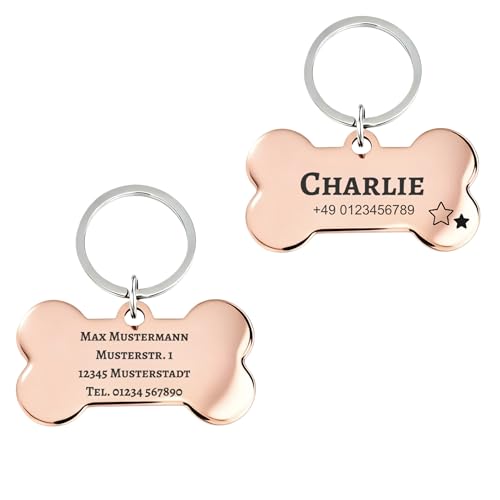 Hundemarke mit Gravur Personalisiert aus Edelstahl Hundeanhänger inkl. Schlüsselring - Namensschild für Halsband - Dog Tag Anhänger Marke für Hunde, Tiermarke für Katzen und Welpen (Knochen)