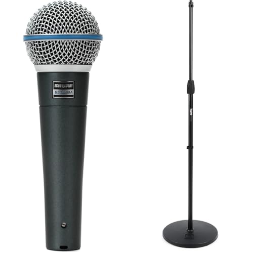 Shure Beta 58A Supercardioid Dynamic Vocal Microphone with Round Base Stand for Professional Singers, Live Performances, and Studio Recording