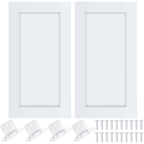 Cinnvoice 2 Pcs Pine Kitchen Cabinet Door Replacement with 4 Pcs Cabinet Hinges Wood Shaker Door Front Replacement for Kitchen Bathroom Vanity(White 11 W X 18 H)