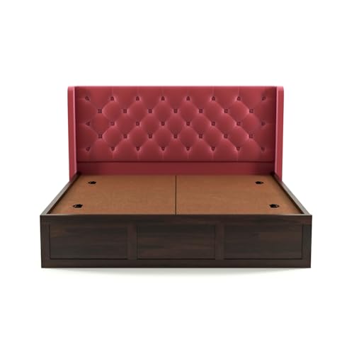 Image of Solid Sheesham Wood Queen Size Bed with Storage | Wooden Double Bed Cot Bed with Box Storage & Velvet Upholstered Cushioned Headboard for Bedroom (Walnut A, Queen)