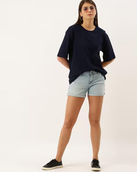Image of Oversized Baggy Fit Drop Shoulder Half Sleeves Round Neck Solid Pure 100% Cotton T-Shirt for Women (Available in White, Black,Navy Color)