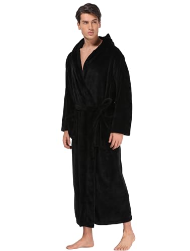 Men's Plush Hooded Bathrobe Winter Warm Fleece Robes Soft Flannel Long Robes with Pockets, Full Length3