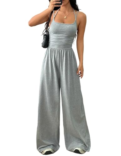 LIAMERHE Combinaison Femme Été Élégante Dos Nu Col Licou Sexy Pantalon Large Fluide Taille Haute Chic Sans Manches Jumpsuit pour Mariage Plage Décontracté Mode...