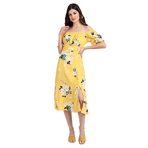 Image of Yellow Floral Print Ruched Bust Midi Dress