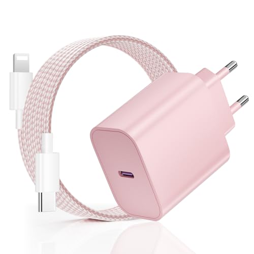 20W Cargador para iPhone Carga Rapida, USB C Cargador para iPhone 14 13, PD3.0 Enchufe con 2M Cable Lighting para Phone 14 Plus/14 Pro/14 Pro Max/13 12 11 SE XS MAX XR, para Pad - Rosa