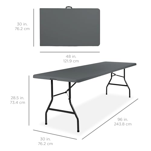Image of Best Choice Products 8ft Plastic Folding Table, Indoor Outdoor Heavy Duty Portable w /Handle, Lock for Picnic, Party, Pong, Camping - Dark Gray