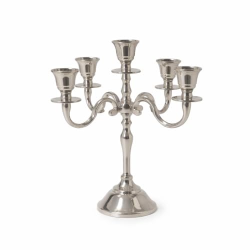 Image of Aluminum Metal 5-Arm 8inch German Silver Candelabra for Dining Table | Vintage Candle Stand for Romantic Dinner, Home & Wedding Decor